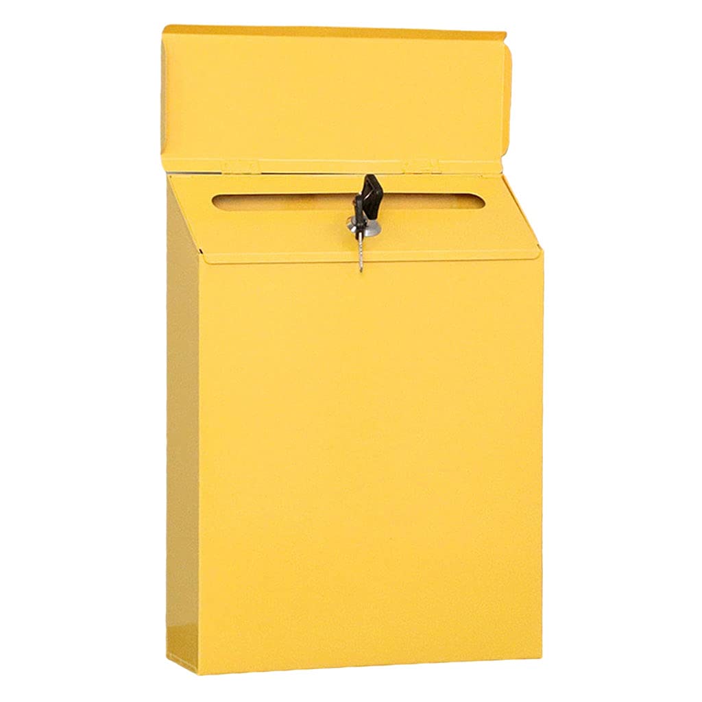 Meriglare Yellow Iron Vertical Mailbox Hanging Security Wall Mounted Suggestion Drop Box Secured Paperwork Newspapers Magazines Holder Postbox Case Porch Room Decors