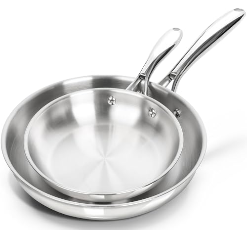 Image of MICHELANGELO Stainless Steel Frying Pan Set, 8" 10" Cooking Pan set with Triply Base, Stainless Steel Skillet with Ergonomic Handle, Induction Compatible