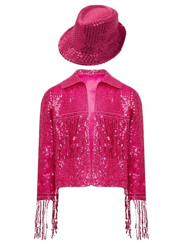 Kids Girls Jazz Hip Hop Dance Outfit Sequin Tassel Jacket Sparkly Long Sleeve Fringe Coat with Hat for Party3