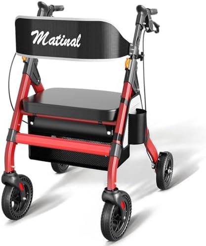 Matinal Faltbarer Rollator für Senioren Outdoor, Tragkraft bis 200kg, Rot | 20cm Gummireifen für jedes Gelände, Rollator für den Außenbereich aus Aluminiumlegierung mit breitem, hö