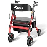 Matinal Faltbarer Rollator für Senioren für den Außenbereich, 20cm Gummireifen für jedes Gelände, Tragkraft bis zu 200kg, Rollator aus Aluminiumlegierung mit breitem, höhenverstellbarem Sitz, Rot