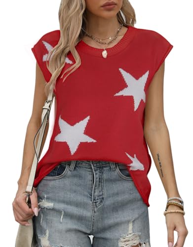 Image of Alsol Lamesa Women's Stars Pattern Cap Sleeve Sweater Vest 2024 Pullover Sleeveless Knit Crew Neck Tops, Small, 911 Red