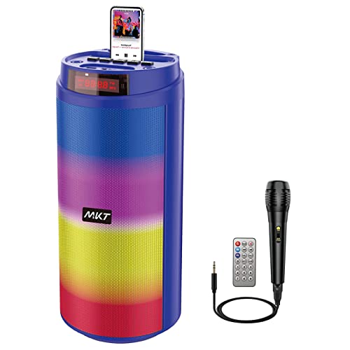 MKT Karaoke Machine for Kids & Adults with Wired Microphone, Portable Bluetooth Speaker, Singing Machine with LED Lights, PA System, Supports TF/USB/AUX-in/FM/MIC/TWS (Blue)