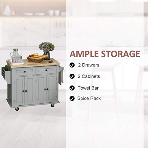 image for HOMCOM Rolling Kitchen Island Cart with Rubber Wood Top, Spice Rack, T