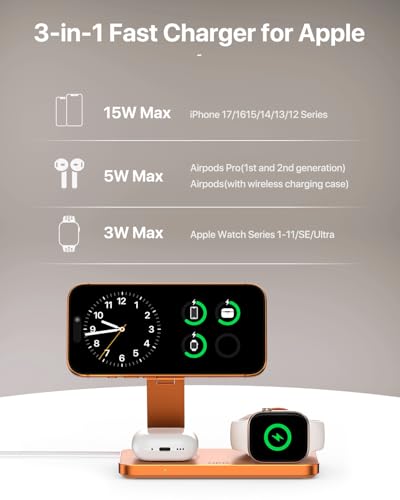 Image of UEQ Foldable 3 in 1 Wireless Charging Station for Apple Mag Safe Charger Stand,Fast Magnetic Wireless Charger Station for iPhone 17 Air 16 15 14 13 12 Series,Airpods Pro,Apple Watch Ultra (Orange)