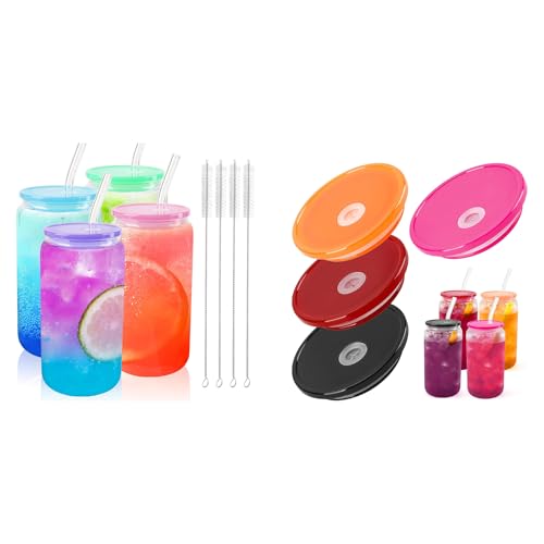 Joyclub Bundle of 4pcs Glass Cups with Acrylic Lids and Straws 16 oz and 4 Pack Acrylic Lids Fit
