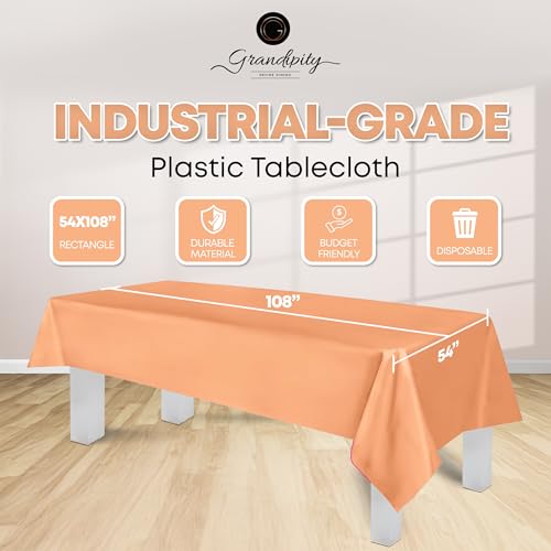 Image of Grandipity Plastic Table Cloth Disposable 12 Pack 54 inch x 108 inch Rectangle | Peach Plastic table covers, durable disposable tablecloths, fade and tear-resistent table cover for party, event