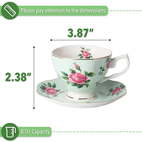 Btat- Floral Tea Cups And Saucers, Set Of 2 (Green - 8 Oz) With Gold Trim And Gift Box, Coffee Cups, Floral Tea Cup Set, British Tea Cups, Porcelain Tea Set, Tea Sets For Women, Latte Cups #TOP2