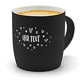 printplanet - Kaffeebecher mit eigenem Text graviert - SoftTouch Tasse mit Wunschtext - Matt-gummierte Oberfläche - Farbe Schwarz - Motiv: Herzchen
