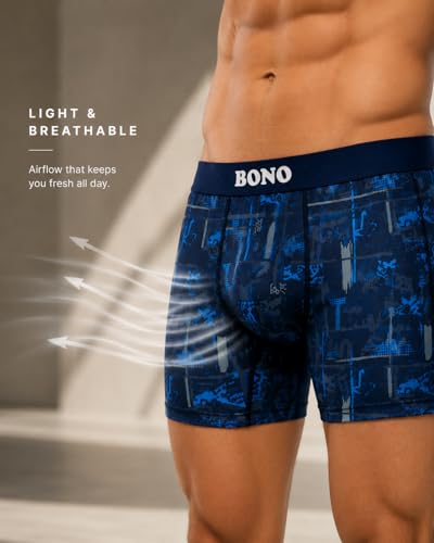 Image of BONO Men Cotton Blend Printed Trunk Combo Anti-Bacterial Moisture Wicking No Marks Stretchable Regular Fit Waistband Underwear Pack of 3 (Darkblue-Multicolor-TurquiseBlue-M)