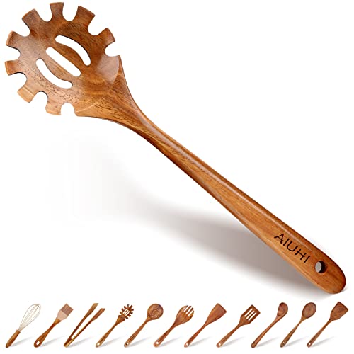 Wooden Pasta Fork, Spaghetti Spoon, Noodle Spaghetti Spoon Server,Wooden Strainer Slotted Spoon, Teak Wood Skimmer Spoons, Handmade Colander Spoons #TOP5