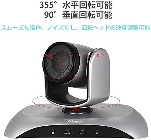Aibecy withzoom webcam demonstrating 355-degree horizontal rotation and 90-degree vertical rotation.