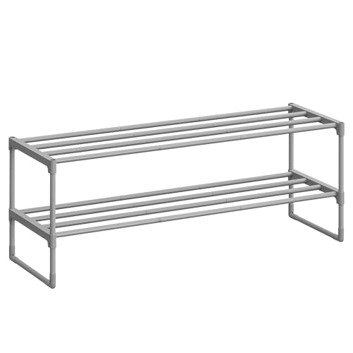 SONGMICS Étagère à Chaussures 2 Niveaux, Porte-Chaussures en Métal, à l’Endroit ou à l’Envers, pour 12-15 Paires, Empilable, pour Couloir, 30 x 92 x 34 cm, Gris LSA012G01