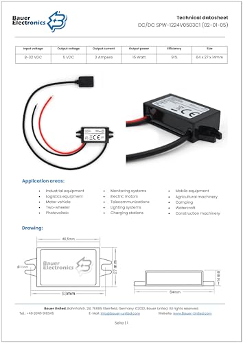 Bauer Electronics | DC DC 8V-32V à 5V Convertisseur de tension USB 3A 15W | 12V 5V Convertisseur converter adaptateur secteur | regulateur 24V à 5V | 12V USB alimentation transformateur stepdown buck – vue 6
