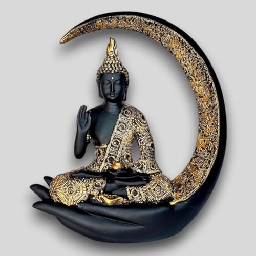 Image of Antique Big Meditating Moon Buddha Statue Showpiece for Home Decor - Living Room - House Warming - Office - Gifting - Buddha Idol Polyresin Decorative Figurine (9 Inch / 23 cm, Black, Gold)