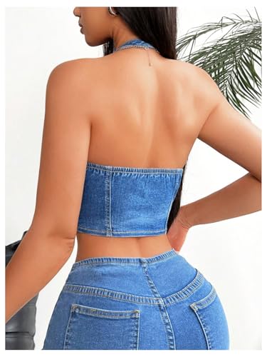MakeMeChic Women's Denim Zip Up Halter Top Sleeveless Open Back Asymmetrical Hem Denim Crop Tops2