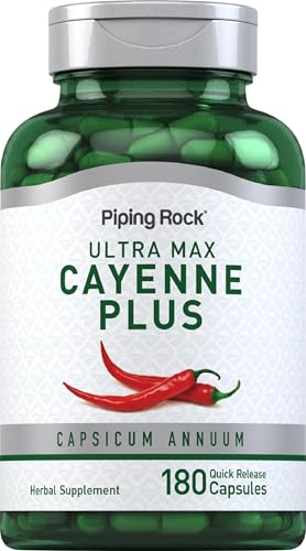 Piping Rock Cayenne Pepper Capsules | 180 Count Herbal Supplement with Ginger and Hawthorn Berry Non-GMO, Gluten Free 5.15 ounces