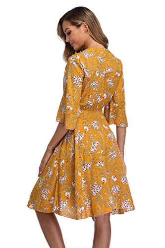 Image of VintageClothing Women's Floral Sundresses Flowy Boho Summer Beach Dress | Lightweight Breathable material,Elegant V Neck and Button Front Design,Flared Bell Sleeve Cut,Mini Casual dress