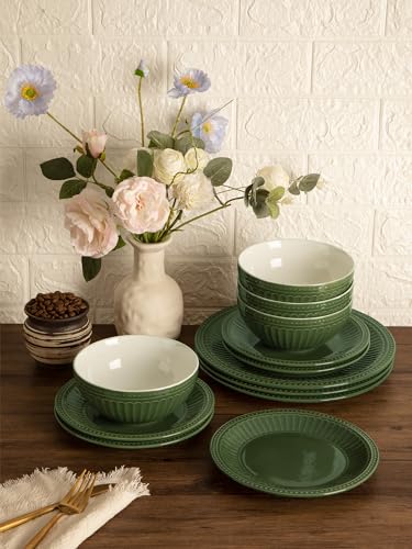Image of Famiware Garden 24-Piece Embossed Plates and Bowls Sets, Stoneware Reactive Glaze Dishes Dinnerware Set, Modern Rustic, Chip & Scratch Resistant, Microwave & Dishwasher Safe, Service for 8, Dark Green