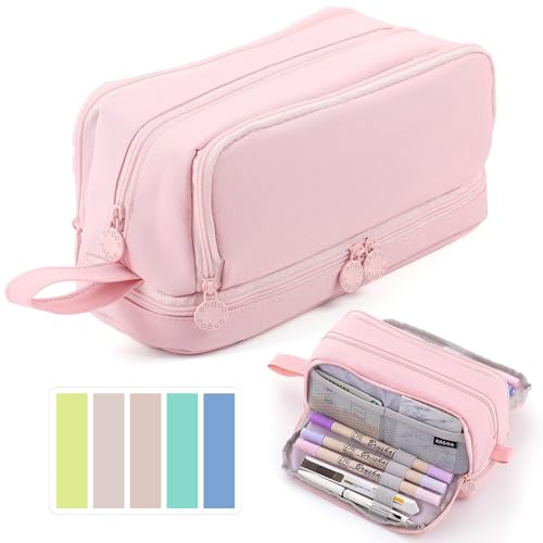 Large Capacity Pencil Case, Pencil Pouch with Sticky Note and 4 Compartments Multifunctional Stationery Organizer for Girls Boys, Office Makeup Bag Portable Pen Bag for Students Women Men (Pink)