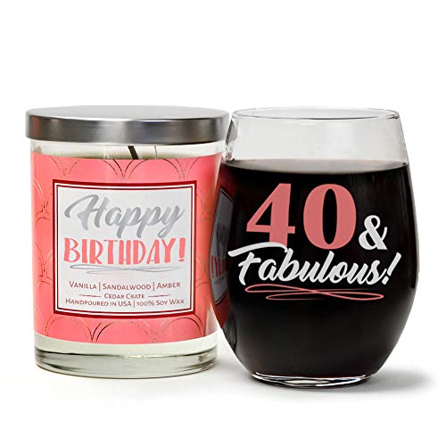 "40 & Fabulous" Birthday Candle Gift Set  Cute Stemless 15 oz. Wine Glass 