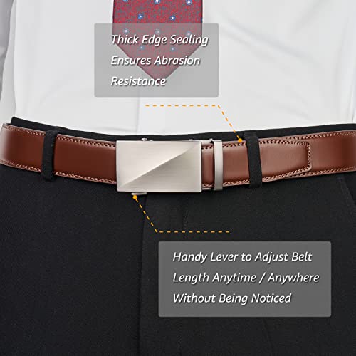Hihawk Men's Ratchet Belt With Slide Buckle, Genuine Leather Adjustable Click Belt With Gift Box, Trim To Fit, Essential Brushed Metal - Dark Brown #TOP4
