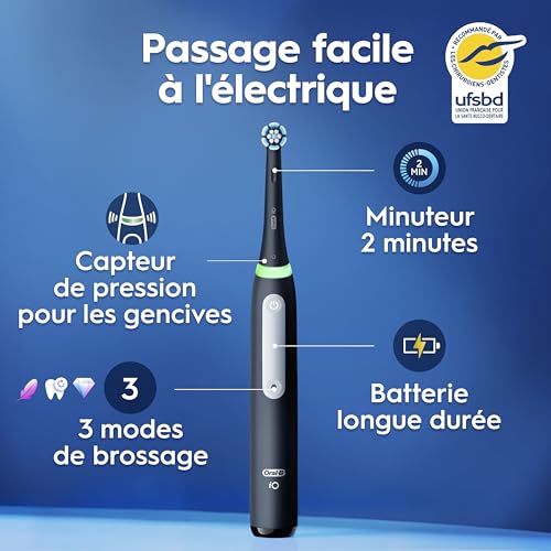 Oral-B Brosse à Dents Electrique iO 3 avec 1 Brossette de Rechange, Noire – 3 Modes de Brossage Silencieux dont Douceur et Blancheur, Capteur de Pression sur les Gencives, Batterie Rechargeable