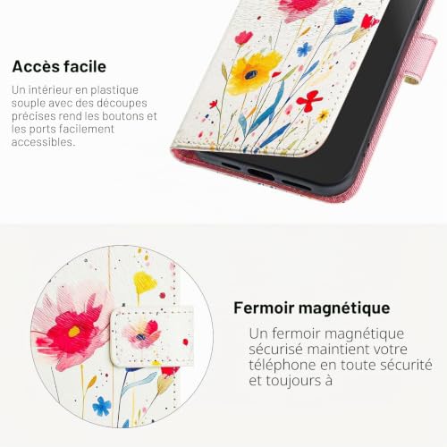 ILING Coque pour Samsung Galaxy A56 5G/Samsung A36 5G, Élégante Fleurs et Animés Mignons Femme Étui, Portefeuille PU en Cuir Flip Antichoc Housse avec Fentes pour Cartes/Support (Danse des Fleurs) – vue 4