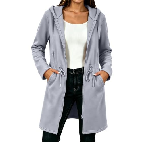Cozy Jacket Women Long Sleeve Zipper Plus Size Coats with Cinch Drawstring | Drawstring Hood, Side Cinched Waist Tie, Knee Length Cut, Daily Going Out Casual, Spring Fall Flattering Outfits
