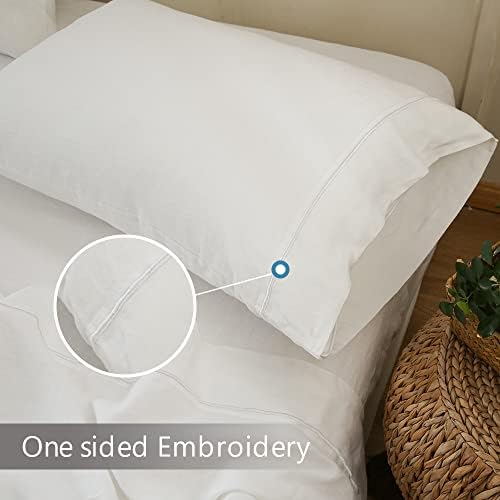 Simple&Opulence 100% Linen Pillow Cases 2 Pack, Luxury Hypoallergenic Breathable Pillow Cover with Envelope Closure, Standard Size Pillowcases with Embroidery, 50 x 75 cm,Pure White