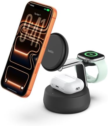 Belkin MagSafe Charger Compatible, 3-in-1 Qi2 Wireless Charging Dock 25W, Adjustable Wireless Charger for iPhone 17, Apple Watch, AirPods, Desktop Phone Stand for Travel w/ 45W Adapter - Charcoal
