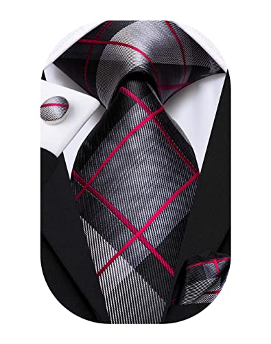 Hi-Tie Cravate extra longue pour homme 160 cm, Plaid noir et rouge., M Cover