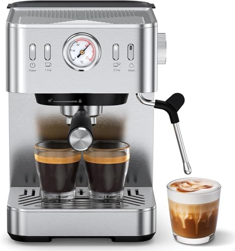 RIOSKY Espresso Machine with Temperature Display, 20 Bar Stainless Steel Espresso Maker with Milk Frother, Small Cappuccino & Latte Machine with 50oz Removable Water Tank for Home, Silver