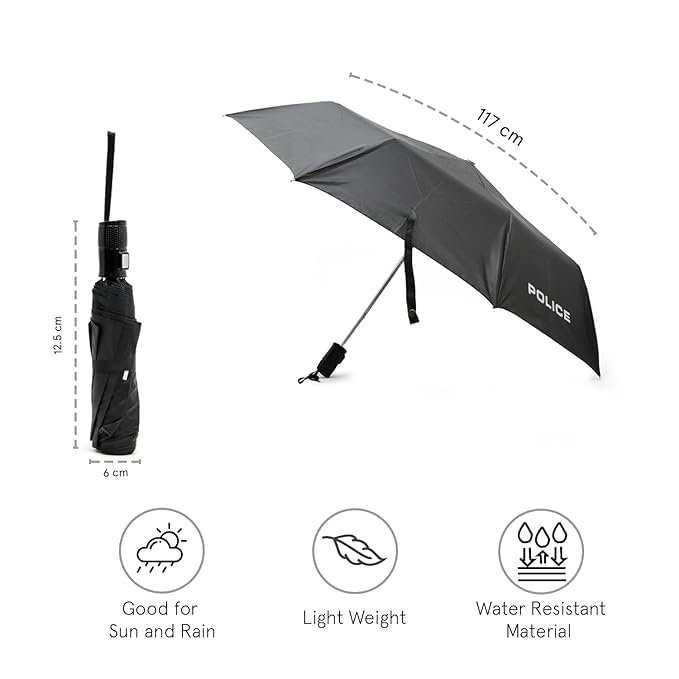 Image of Police All-Weather UV Umbrella - Auto Open | Windproof | Travel-Ready 3-Fold Design | SPF 50+ Protection | Wide Canopy, Stylish & Durable | Black