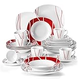 Juego de vajilla porcelana blanca marfil con rayas rojas 30 piezas 6 tazas, platillos, plato postre y sopa Vajilla de cerámica