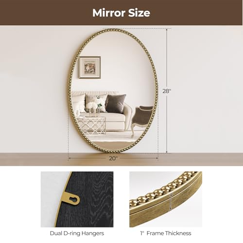 Rigidemand Oval Vintage Gold Beaded Mirror, 28"x20" Bathroom Wall Mirror — view 3