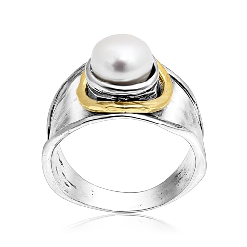 JEAN RACHEL JEWELRY Mixed Metal Two Tone Ring for Women – Pearl Hammered – 925 Sterling Silver & 14K Gold Over Silver – White Freshwater Pearl Statement Ring – Hypoallergenic Design by JEAN RACHEL JEWELRY - Image 8