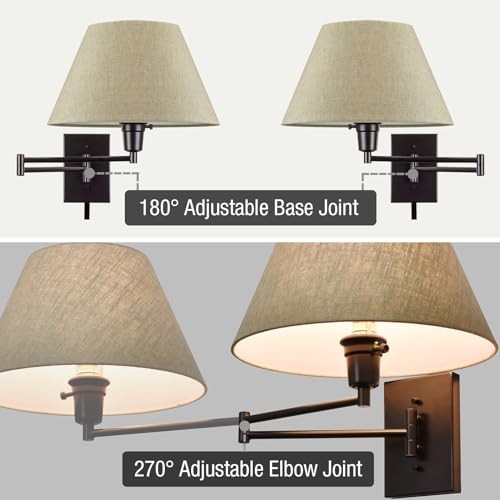 Kira Home Cambridge 15" Set of 2 Modern Swing Arm Wall Sconce with Latte Mocha Empire Fabric Shade, 2-in-1 Plug in or Hardwired Wall Lamp with 3-Way Switch, Black Finish by Kira Home - Used condition - Image 2