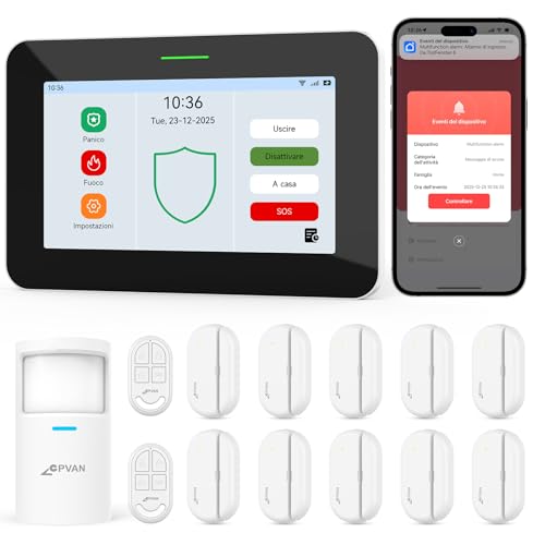 CPVAN GSM + WiFi Allarme Casa Senza Fili con Schermo Touch 7, 110dB Sistema Intelligente di Sicurezza con Allarme via APP/SMS/Chiamata, Rilevatore di Movimento, Sensori Porta/Finestra, Telecomandi