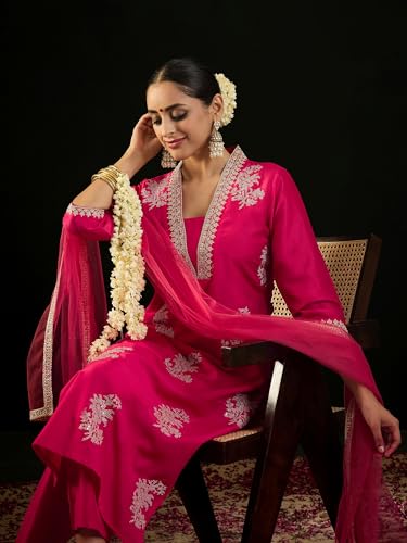 Image of INDO ERA Womens Silk Blend Embroidered Straight Kurta Pant Dupatta Set (KH9RP7952)