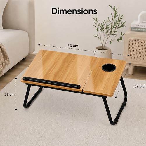 Image of Ant Esports Bravo LT200 Adjustable Foldable Laptop Table for Bed with Side Tray, Cup Holder & Stopper, Portable Work from Home Desk, Wooden Study Desk for Reading & Gaming, 56 x 32.5 x 23 cm, Walnut