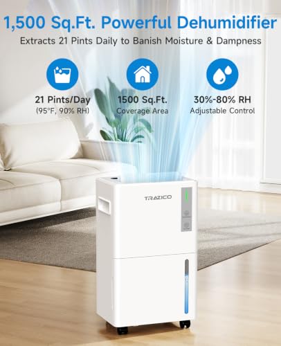 Trazico 1500 Sq.Ft Dehumidifier for Basement, with Drain Hose, 21 Pints - Image 2