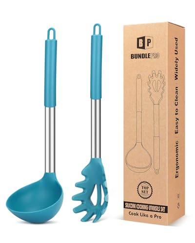 Silicone Pasta Fork and Ladle Spoon Set, Large Non Stick Kitchen Utensils for Cooking,Stirring,Serving Spaghetti, Soup, Sauce(Blue)