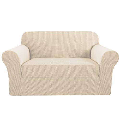 H.VERSAILTEX Loveseat Cover 2 Piece Furniture Protector Suit for T Cushion/Box Cushion Loveseat Cover for Leather, Rich Textured High Spandex Jacquard Fabric Small Checks (Natural)
