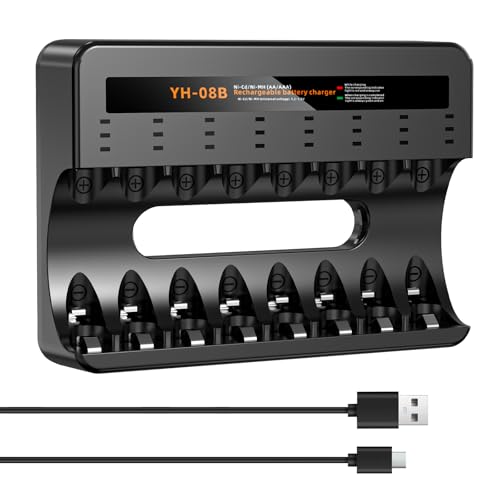 8 Bay AA AAA Battery Charger for NiMH NiCD Rechargeable Batteries, Smart Universal Charger with LCD Light, USB-C High-Speed Charging, Independent Slot