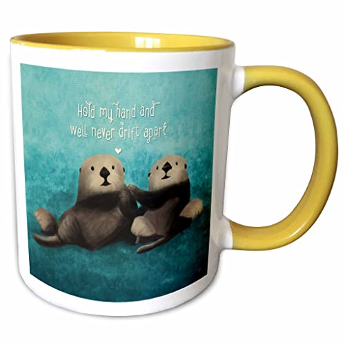 3dRose Two sea otters holding hands in the ocean 11oz Two-Tone Yellow Mug