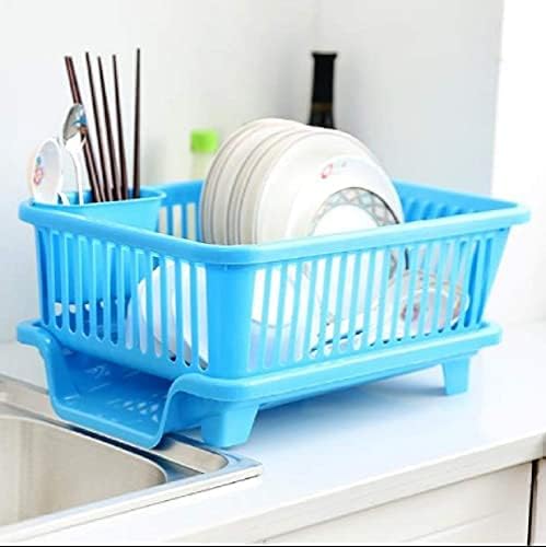 Organizador de cesta de plástico con bandeja y soporte para cubiertos de utensilios (azul)