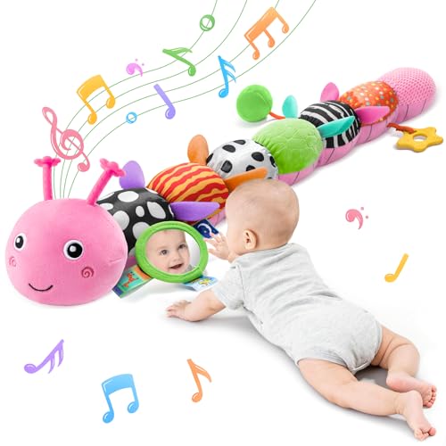 Image of Tummy Time Baby Toys Sensory Musical Animal Stuffed Car Seat Toy for Infant 0-3-6-12 Months Newborn, Plush Caterpillar with Mirror,Crinkle,Rattle Teething Toys for Baby Boys Girls Shower Gifts, Pink