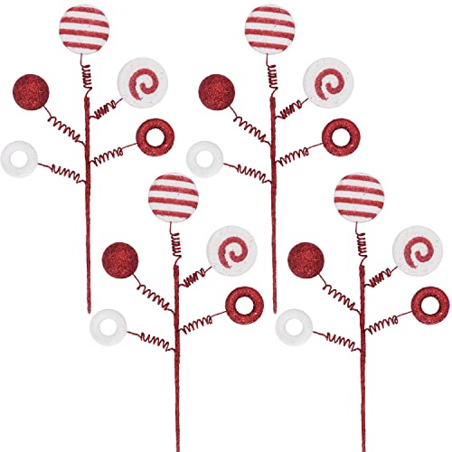 4 Stück Weihnachts-Süßigkeiten-Plektren, Lutscher-Sprays, 39.9 cm, glitzernd, Weihnachtsbaum-Plektren, Donuts, Pfefferminze, gedrehte lockige Stiele, Rot,We) Cover