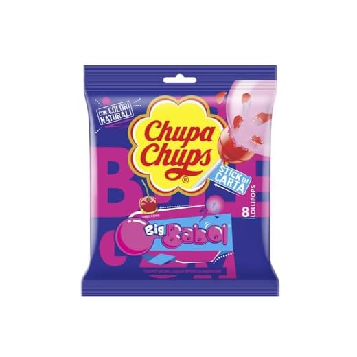 Chupa Chups Lollipop Bubblegum, Caramella Ripiena di Gomma Da Masticare, Gusto Ciliegia, Senza Glutine e Coloranti Artificiali, Busta con 8 Lecca Lecca, Monoporzioni, Ideale per Compleanni e Feste